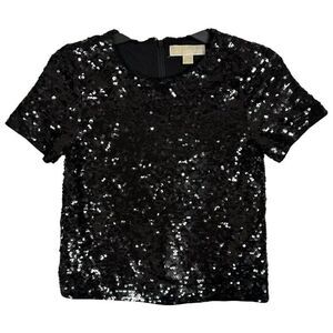 Michael Kors Black Sequin Crop Top Size XXS Tailored Boxy‎ Party Short Sleeve